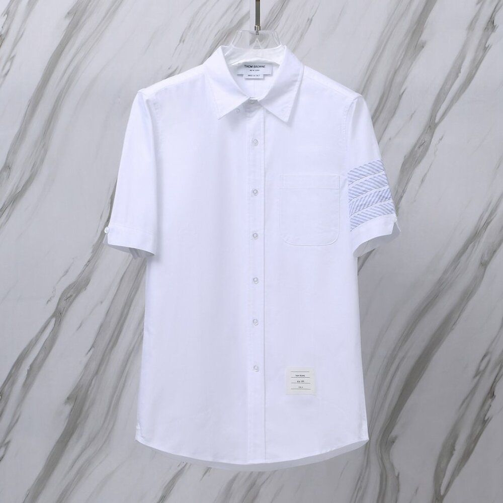Thom Browne blue four-stripe short-sleeved shirt